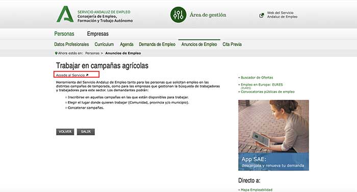 area de gestion de empleo agrario en trabajar en campañas agricolas