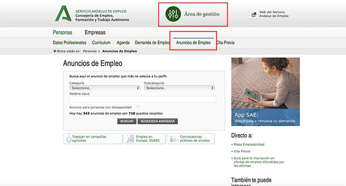 area de gestion y anuncios de empleo en la gestion de empleo agrario