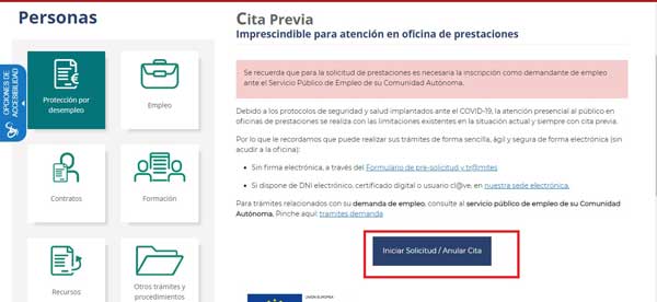 Botón Iniciar Solicitud Cita Previa SEPE