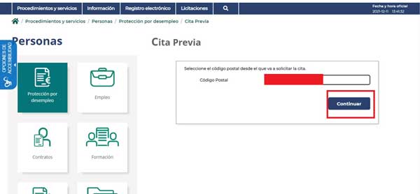 Introducir código postal para cita previa en SEPE
