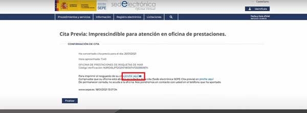 Confirmación de cita previa en SEPE