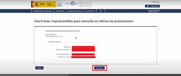 Confirmar datos de contacto para cita previa en SEPE
