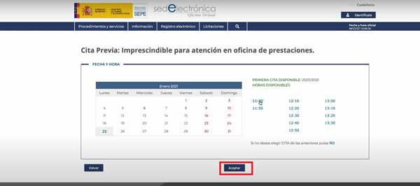 Seleccionar fecha y hora para cita previa en SEPE