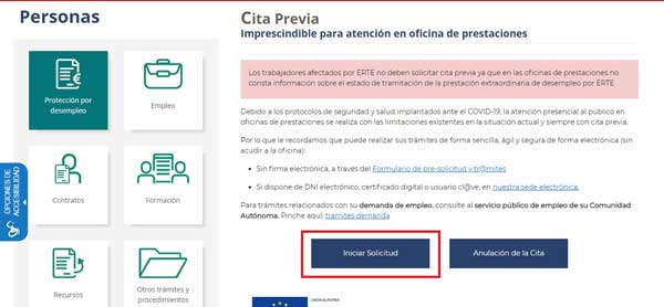 Iniciar solicitud de cita previa en SEPE