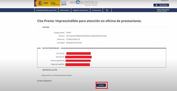 Introducir datos personales para cita en SEPE