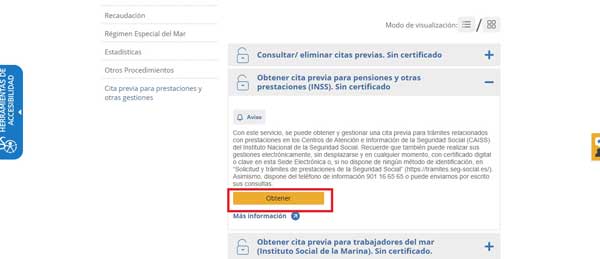 BOTON OBTENER CITA PREVIA PARA PENSIONES Y OTRA PRESTACIONES INSS SIN CERTIFICADO
