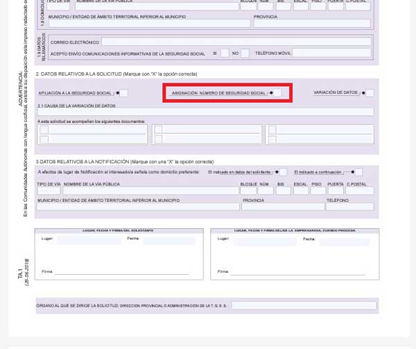 OPCION ASIGNACION NUMERO SEGURIDAD SOCIAL