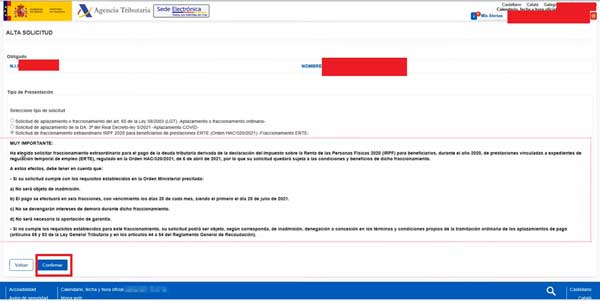 CONFIRMAR SOLICITUD DE APLAZAMIENTO AEAT