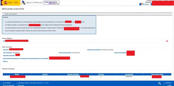 DETALLE DE LA SOLICITUD DE APLAZAMIENTO AEAT