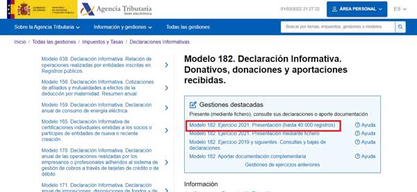 MODELO 182 EJERCICIO 2021 PRESENTACION