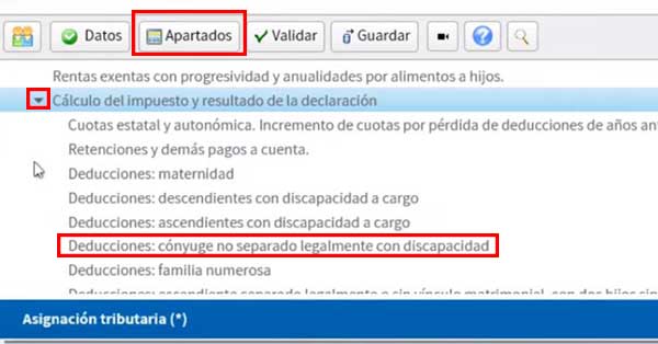 apartado deduccion conyuge no separado legalmente por discapacidad