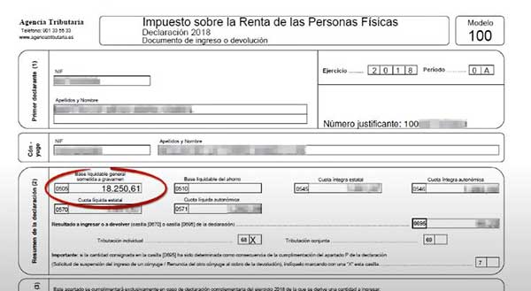 base liquidable general sometida a gravamen en el documento de ingreso o devolucion para casilla 505