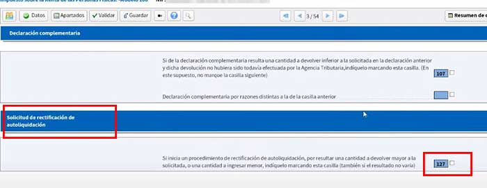 casilla 127 conforme a la rectificacion de la autoliquidacion