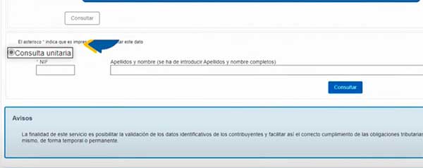 consulta unitaria para comprobar los datos del censo de un solo NIF