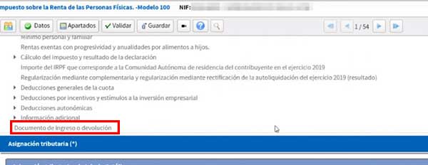 documento de ingreso o devolucion para el codigo iban en renta web