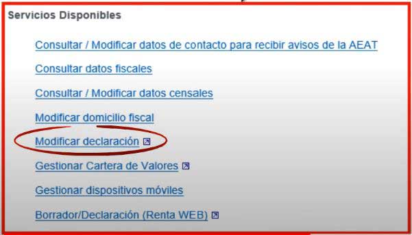 en servicios disponibles opcion de modificar declaracion
