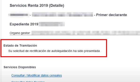 estado de tramitacion de la declaracion modificada