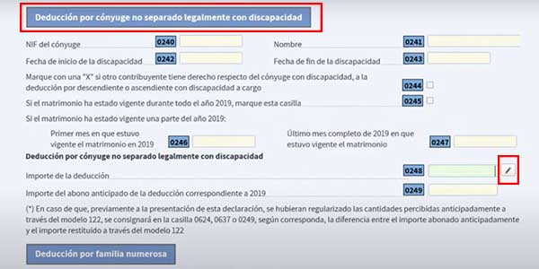 introduccion de datos en deduccion de conyuge no separado legalmente por discapacidad