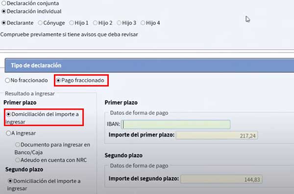opcion domiciliacion del importe a ingresar para pago de la renta
