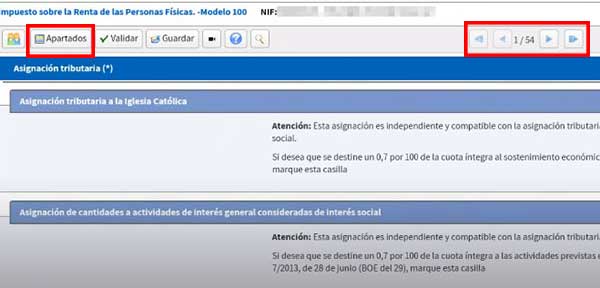 secciones de la simulacion de la declaracion en renta web de la aeat