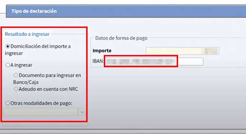 tipo de declaracion y el IBAN para los cambios en la renta