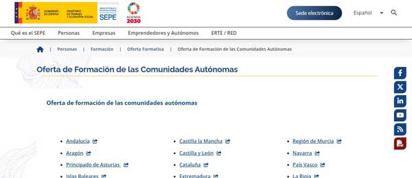 PAGINA PRINCIPAL OFERTA DE FORMACION DE LAS COMUNIDADES AUTONOMAS CURSOS SEPE