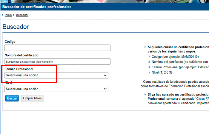 buscar certificado de profesionalidad por familia todo fp del sepe