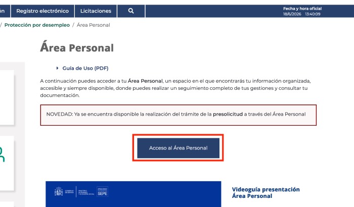 acceso al area personal para consultar estado de prestacion en el sepe