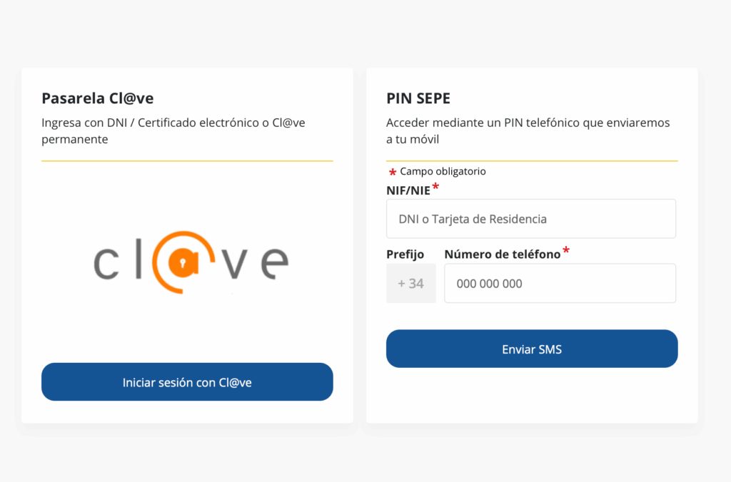 acceder al area personal por clave o sms para solicitar el paro por internet en el sepe