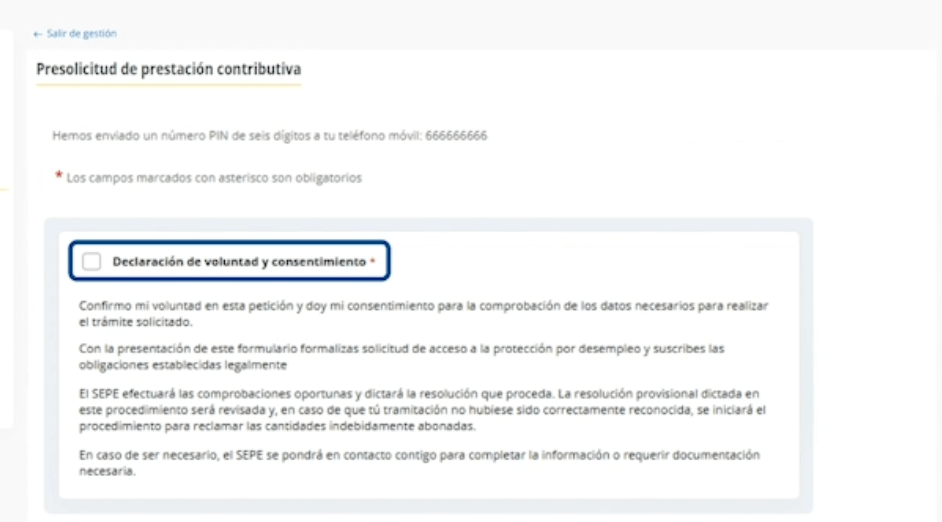 aceptar declaracion de consentimiento para la presolicitud de prestacion contributiva en solicita el paro por internet en el sepe