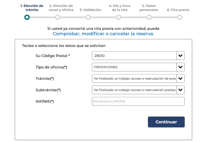 Introducir código postal para pedir cita previa en el SEPE