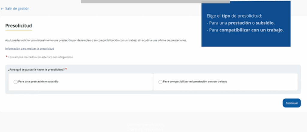 elegir tipo de presolicitud a realizar para solicitar el paro por internet en el sepe