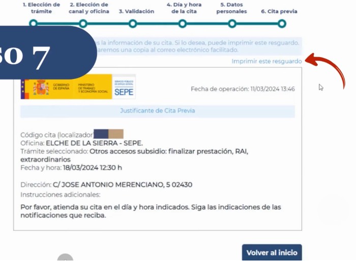 Guardar el justificante de la cita previa en el SEPE