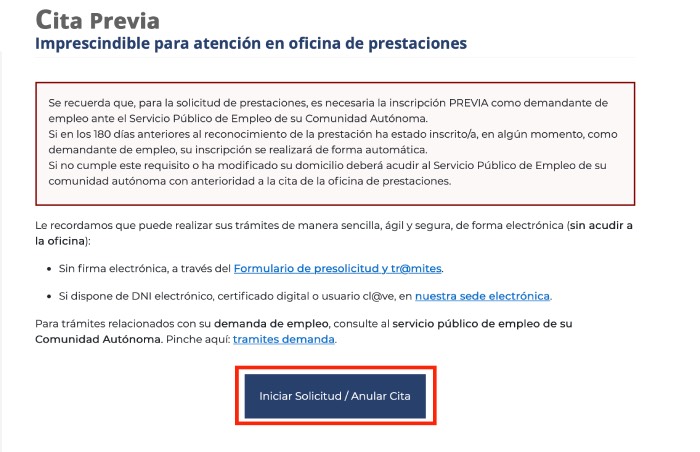 Iniciar solicitud o anular cita para pedir cita previa en el SEPE