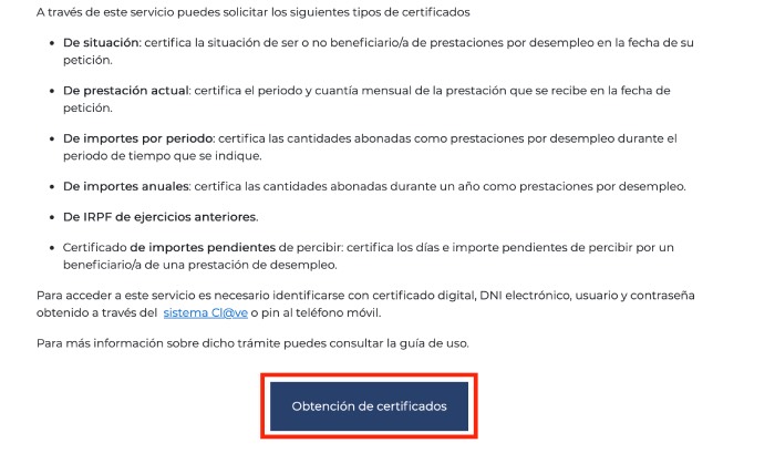 Botón Obtención de Certificados de prestación en el SEPE