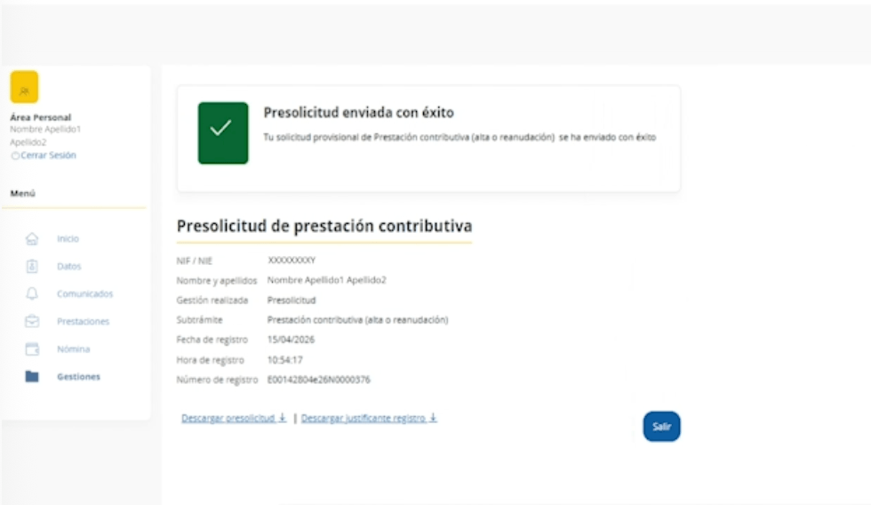 presolicitud de prestacion contributiva exitosa para soliciar paro por internet en el sepe