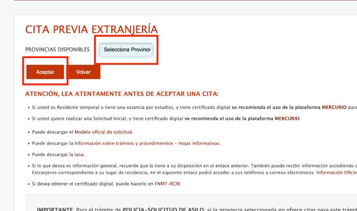 seleccionar provincia para pedir cita previa de toma de huellas tie