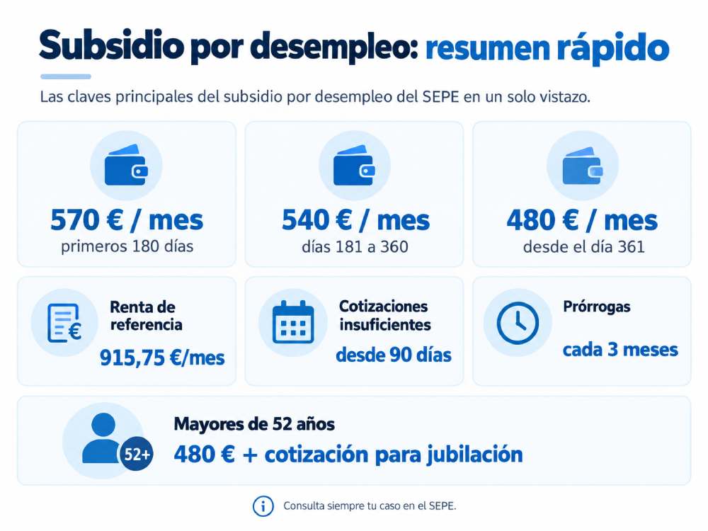 Resumen visual del subsidio por desempleo con cuantías de 570, 540 y 480 euros, renta de referencia, cotizaciones insuficientes, prórrogas y subsidio para mayores de 52 años