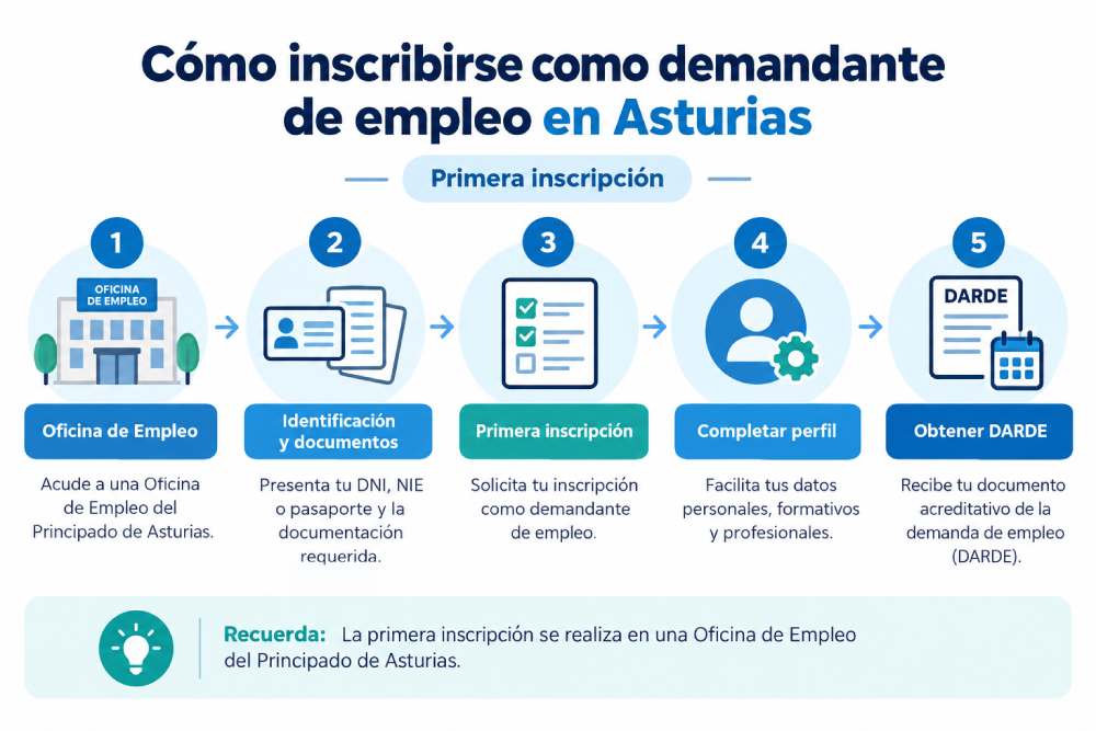 Infografía con los pasos para inscribirse como demandante de empleo en Asturias a través de una Oficina de Empleo del Principado