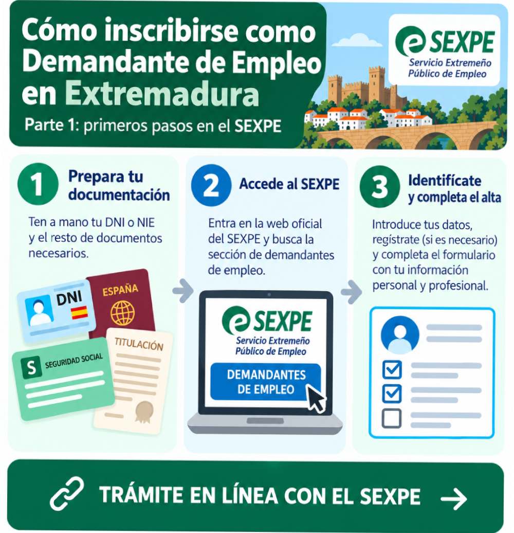 Infografía con los primeros pasos para inscribirse como demandante de empleo en Extremadura a través del SEXPE