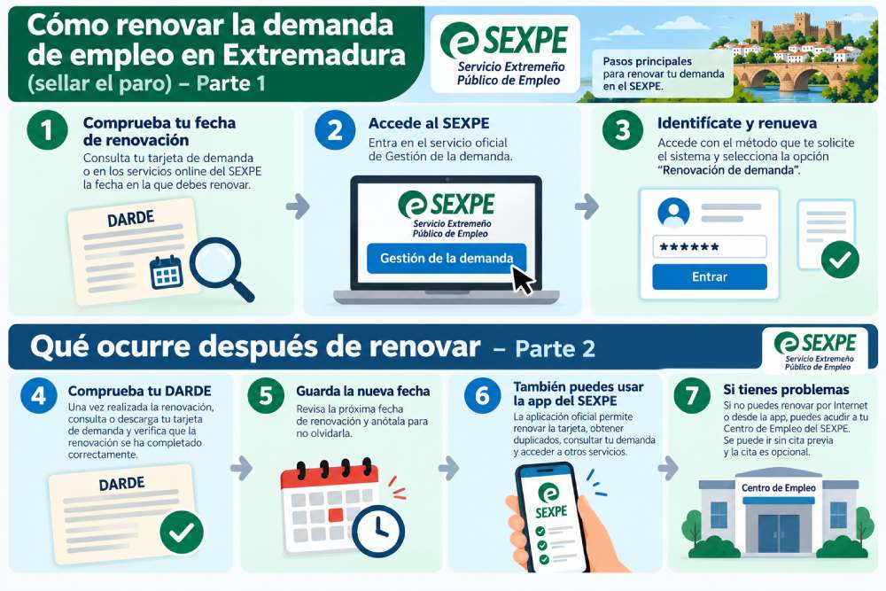 Infografía con los pasos para renovar la demanda de empleo en Extremadura por Internet a través del SEXPE